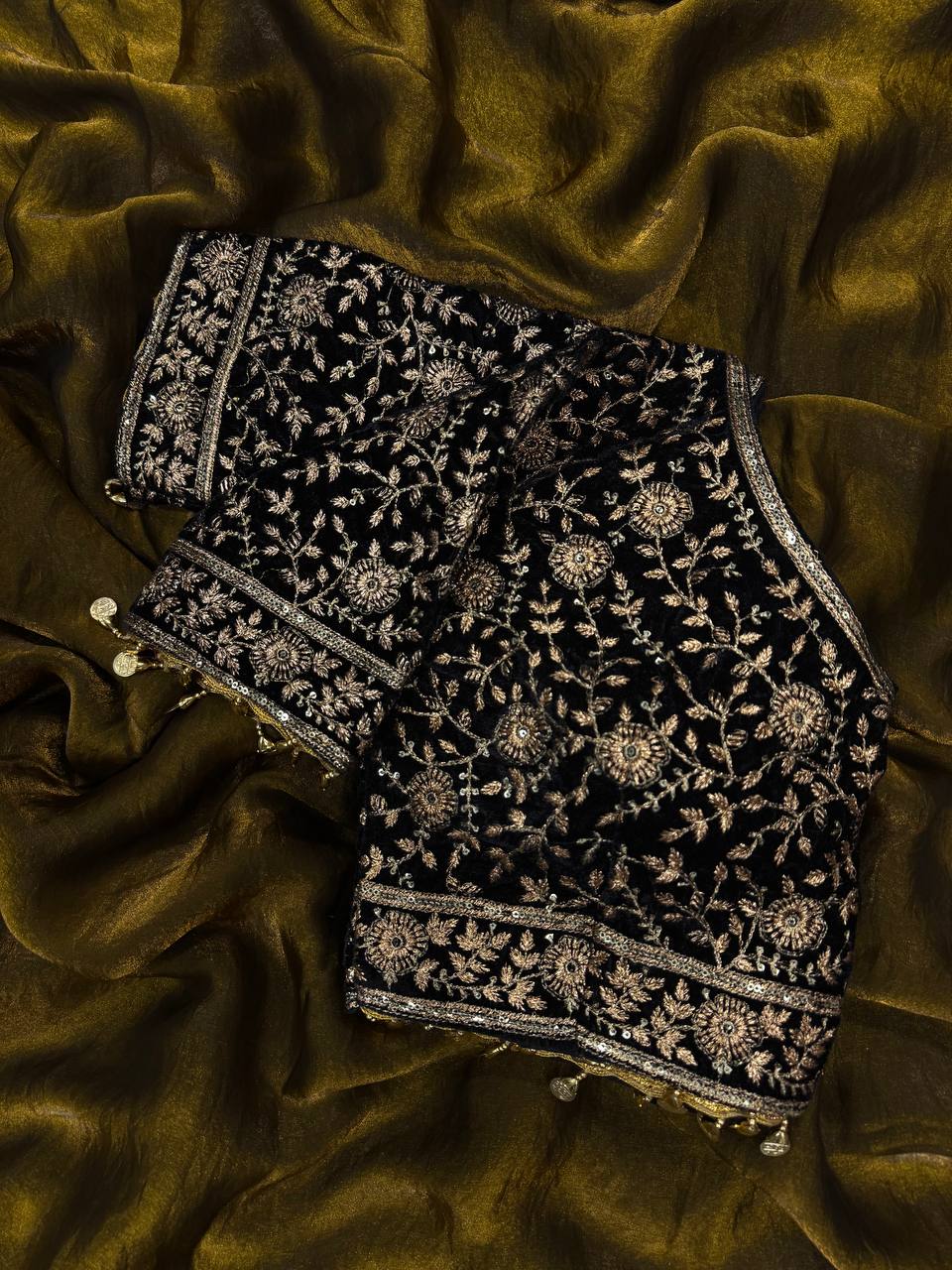 Women's Luxe Olive-Gold Silk Saree with Heavily Embellished Blouse & Border – Ideal for Evening, Wedding & Reception Wear - Image 9